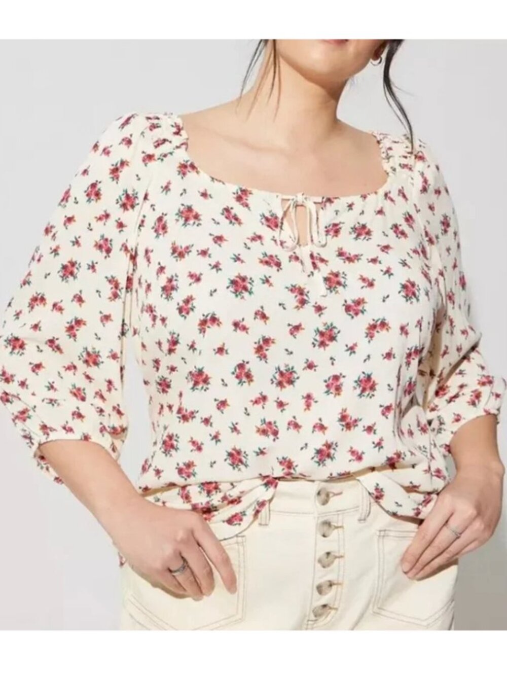 TORRID 1 Plus Size Washable Gauze Keyhole Peasant Puff Sleeve Top Cream Floral